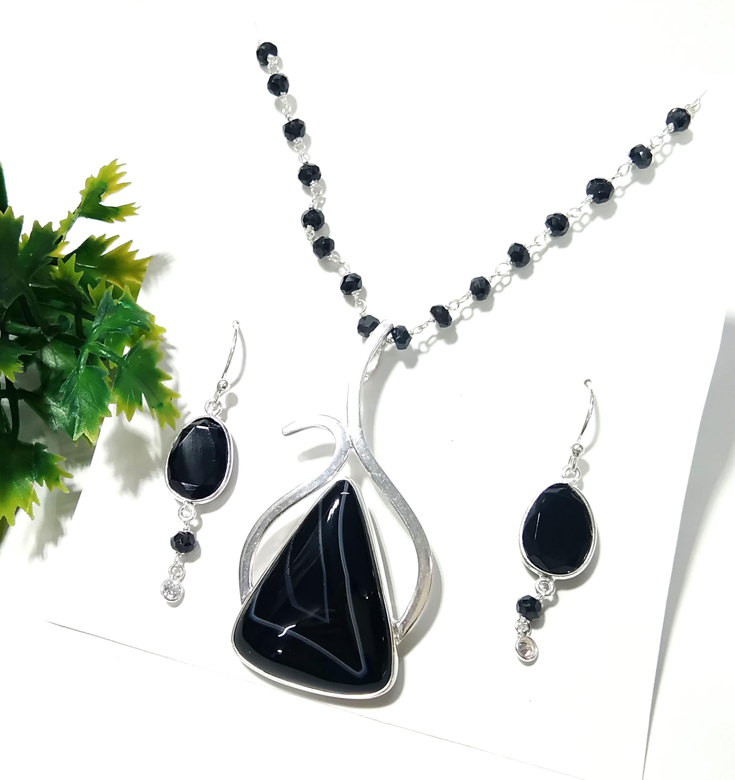 Black Banded Agate Necklace & Earring Set, Solid 925 Sterling Silver Necklace, Beautiful Design Necklace Jewelry Gift Birthstone